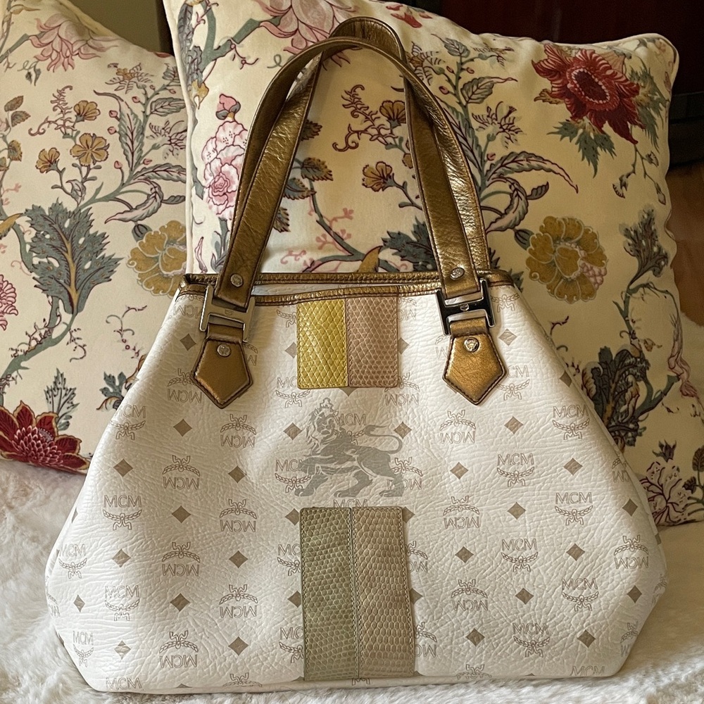 MCM White and Gold Shoulder Bag